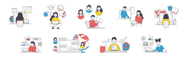 Online Learning with Man and Woman Student and Instructor Engaged in Virtual Classes Outline Vector Set