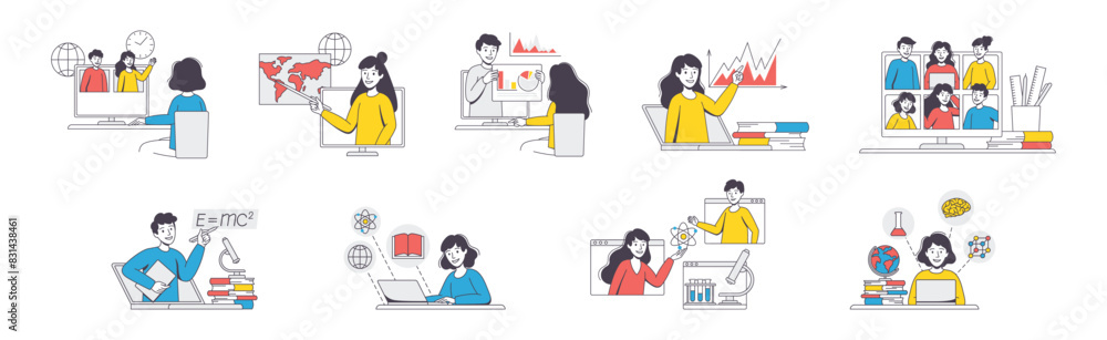 Poster online learning with man and woman student and instructor engaged in virtual classes outline vector 