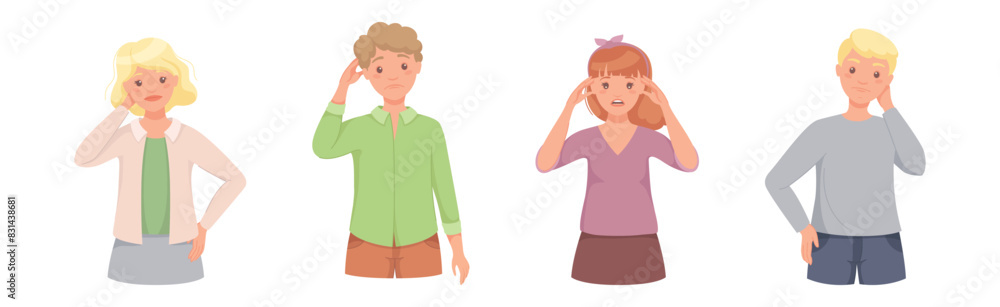 Poster pensive people character scratching head thinking and considering something vector set