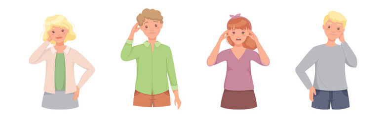 Pensive People Character Scratching Head Thinking and Considering Something Vector Set