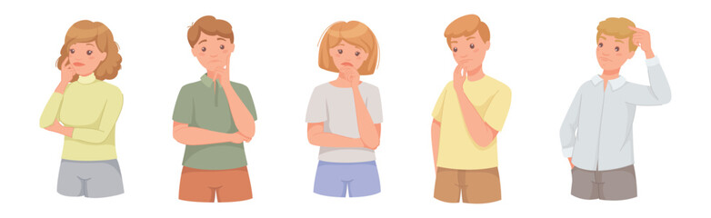 Obraz premium Pensive People Character Scratching Head Thinking and Considering Something Vector Set