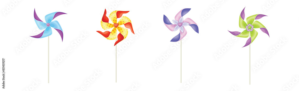 Poster colorful pinwheel toy with paper curl attached to stick vector set
