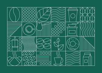 Food Abstract Modern White Line Geometric Pattern on a Green. Vector illustration of Coffee Cup, Donut and Croissant