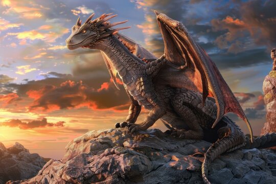 Realistic cgi dragon sits atop a mountain against a striking sunset backdrop