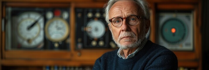 An older man wearing glasses stands in front of a wall of clocks