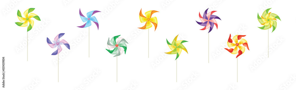 Poster colorful pinwheel toy with paper curl attached to stick vector set