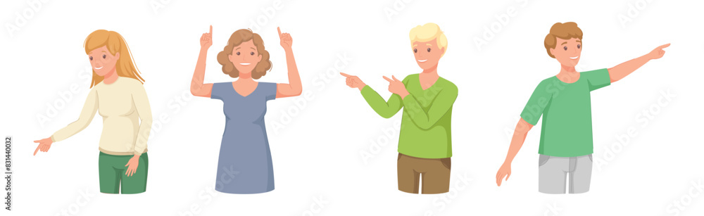 Poster people character indicating something pointing with index finger as hand gesture specifying directio