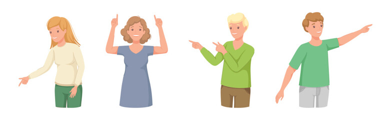 People Character Indicating Something Pointing with Index Finger as Hand Gesture Specifying Direction Vector Set