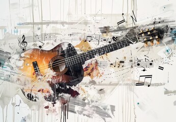 Modern art collage featuring a sketched acoustic guitar and music notes on a light background, symbolizing music, creativity, inspiration, and imagination. Perfect for greeting cards or magazine cover