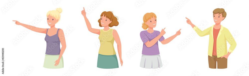 Poster people character indicating something pointing with index finger as hand gesture specifying directio