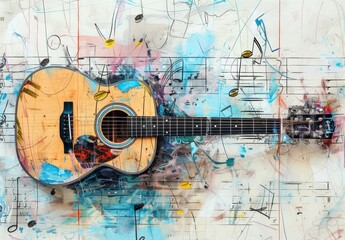 Modern art collage featuring a sketched acoustic guitar and music notes on a light background, symbolizing music, creativity, inspiration, and imagination. Perfect for greeting cards or magazine cover