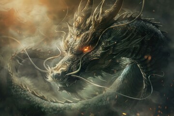 Digital artwork of a powerful dragon emerging from mist with glowing eyes