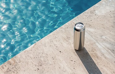 A top view of an unbranded silver energy drink can on the edge of swimming pool, pool water is visible in background, product photography, bright and airy summer scene