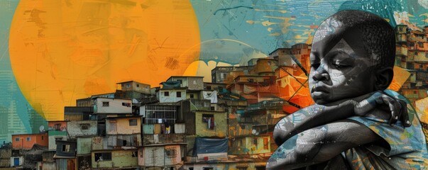 Fototapeta premium Captivating mural of contemplative young boy against urban background