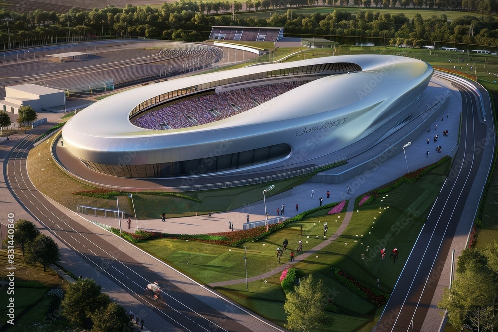Poster modern olympic velodrome architecture: detailed 3d render for poster design and print