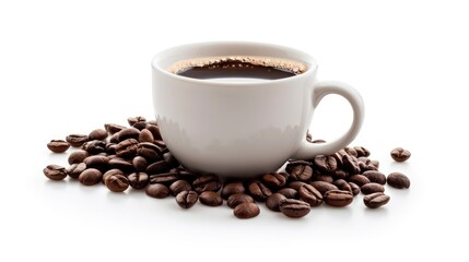 Obraz premium Coffee Cup and Beans on White. Hot Drink Concept with Isolated Cup and Roasted Beans on White Background