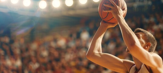 Focused Basketball Player Shooting Free Throw Under Arena Lights - Sports Banner for Posters and Athletic Promotions
