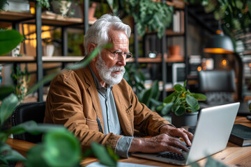A middle-aged man using a laptop. Use of technology in older adults. Adaptability of seniors to technology and digital life.