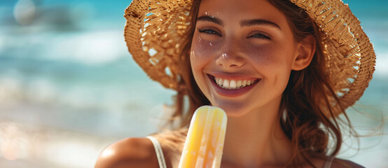 Portrait of a woman smiling with a straw hat enjoying a popsicle on the beach. Image for banner, website, or advertisement about summer, vacation, and lifestyle.