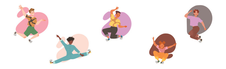 Jumping Man and Woman Character with Happy Face Feeling Joy and Excitement Vector Illustration Set