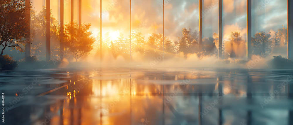 Poster panoramic view of an office ambiance with a blurred background creating a dreamy abstract atmosphere
