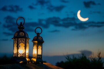 a serene Ramadan scene with traditional lanterns emitting a warm glow against a backdrop of a starry night sky and a crescent moon, all bathed in the tranquil blues of dusk