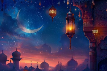 A painting of a city at night with a crescent moon in the sky. The mood of the painting is peaceful and serene