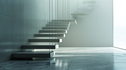 Fototapeta premium A minimalist staircase with a series of steps that appear to be suspended by thin, almost invisible, steel cables
