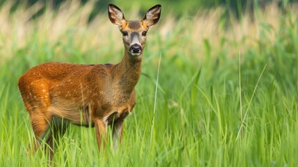 Deer In Grass. European Female Roe Deer Grazing in a Wildlife Field