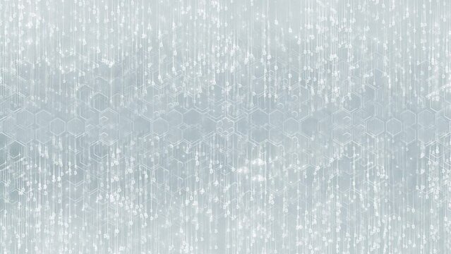 Bitcoins - White Tech Background. Falling Bitcoin Cryptocurrency and Hexagons. Looped video.