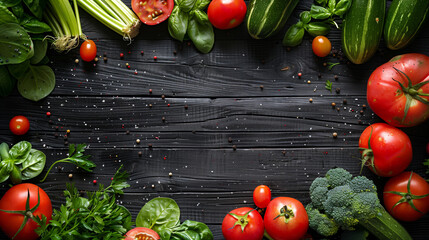 A black background with a variety of vegetables including tomatoes, broccoli, and cucumbers. vegetables are arranged in a circle. Healthy food. Vegetables and fruis on a black background. Copy space
