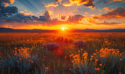 Stunning Sunset Over Santa Fe Field with Brilliant Sky and Wildflowers in New Mexico Evening Landscape