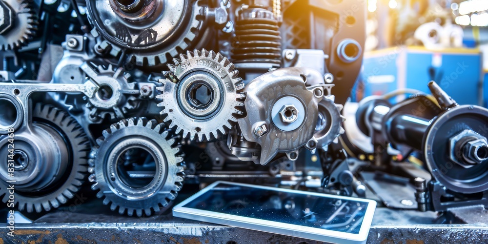 Aufkleber Industrial digitalization with tablet displaying machine blueprints, alongside gears and mechanical parts in a modern factory setting, Gernerative AI