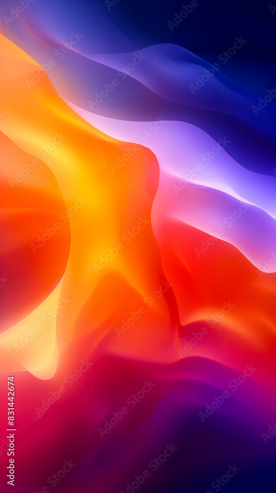 Poster vibrant abstract mesh gradient with bold fluid colors in red, orange, purple, and blue hues creating
