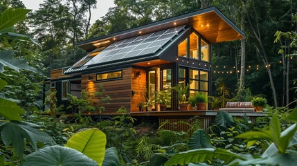 Contemporary eco-friendly tiny house exterior surrounded by lush greenery, featuring solar panels,...