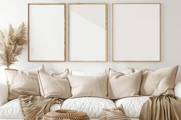 wall art mockup, three vertical blank frame on the wall above beige sofa with white pillows and blanket, simple neutral home decor, empty space for artwork