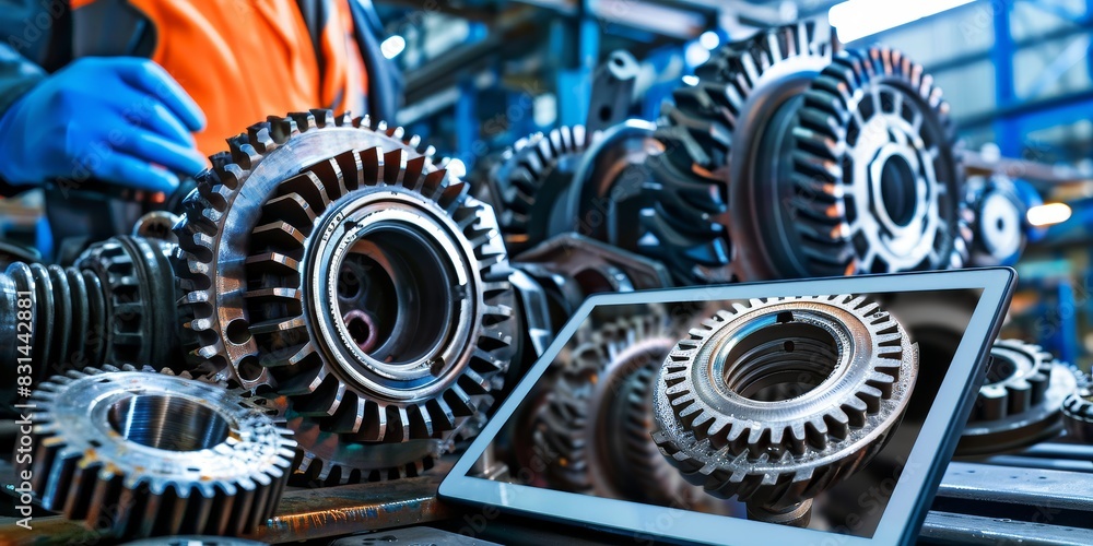 Poster Industrial digitalization with tablet displaying machine blueprints, alongside gears and mechanical parts in a modern factory setting, Gernerative AI