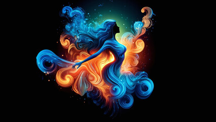 Obraz premium Enchanting Fusion of Blue and Orange Swirls in Female Silhouette - Vivid Abstract Art