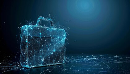 Abstract image of a digital suitcase made of connected blue lines and dots on a dark background, symbolizing digital transformation and technology.