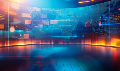 Modern 3D Render of News Studio with Digital World Map Background, Bright High-Tech Setting, Broadcasting Space for Global News Updates, Sleek and Futuristic Design, Evening Lighting