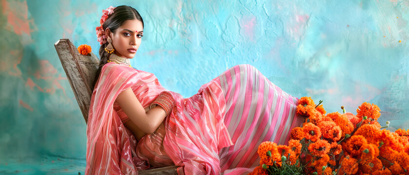 A fashion of an Indian model wearing a pastel pink linen sari with stripes, sitting on a chair in front of an ancient wooden cabinet and yellow marigold flowers