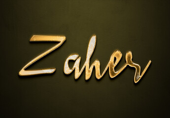 Old gold text effect of Arabic name Zaher with 3D glossy style Mockup.