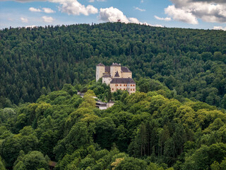 Aerial view of the Burg Lockenhaus Castle in the Burgenland region of Austria. Burg Lockenhaus is 368 metres (1,207 ft) above sea level. The castle was built in Romanesque and Gothic architectural 