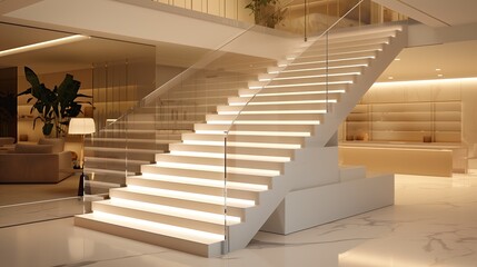 A contemporary staircase with a sleek, frameless glass balustrade