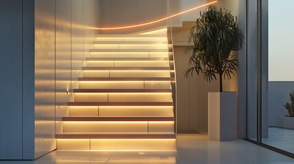 A contemporary staircase with steps that light up with motion sensors