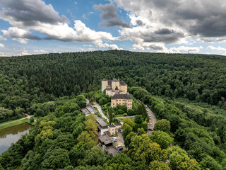 Aerial view of the Burg Lockenhaus Castle in the Burgenland region of Austria. Burg Lockenhaus is 368 metres (1,207 ft) above sea level. The castle was built in Romanesque and Gothic architectural 