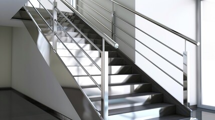 A contemporary staircase with a sleek stainless steel handrail