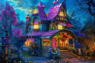 Obraz premium Vibrant illustration of a whimsical fantasy cottage in an enchanted forest setting during twilight