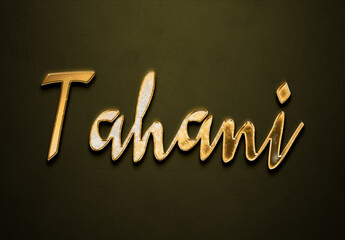 Old gold text effect of Arabic name Tahani with 3D glossy style Mockup.
