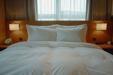 Luxurious hotel room with modern decor, comfortable bed, and large windows offering city views, creating a stylish and relaxing atmosphere